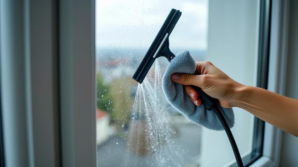 A hand cleaning a window with a squeegee.