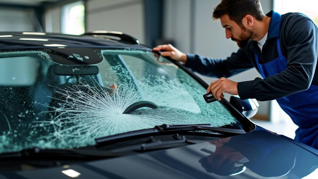 A cracked car windshield.