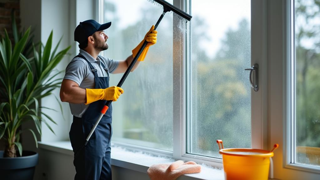 A person cleaning a window.