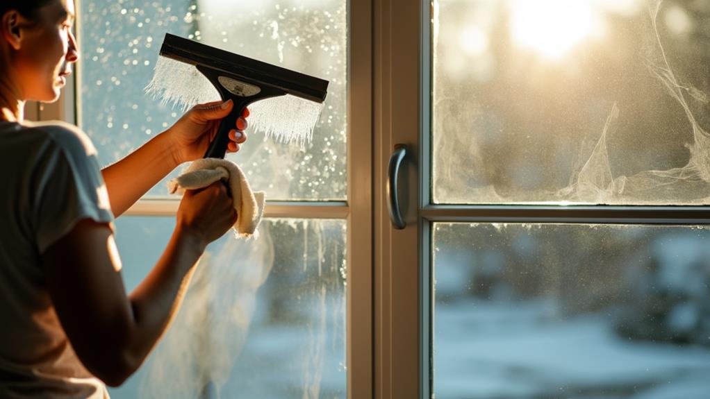 A person cleaning a window.